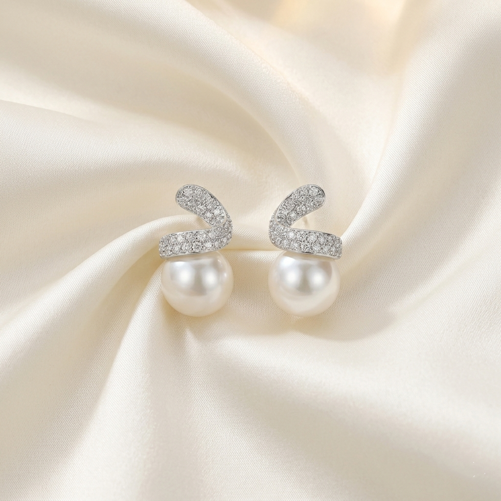 Elegant Twisted Zircon Pearl Stud Earrings