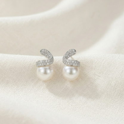 Elegant Twisted Zircon Pearl Stud Earrings
