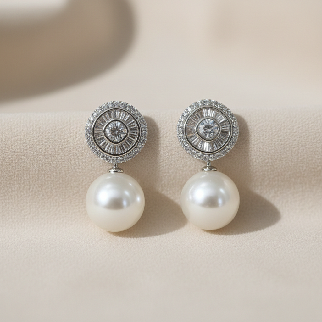 Halo zircon pearl drop earrings on light beige fabric