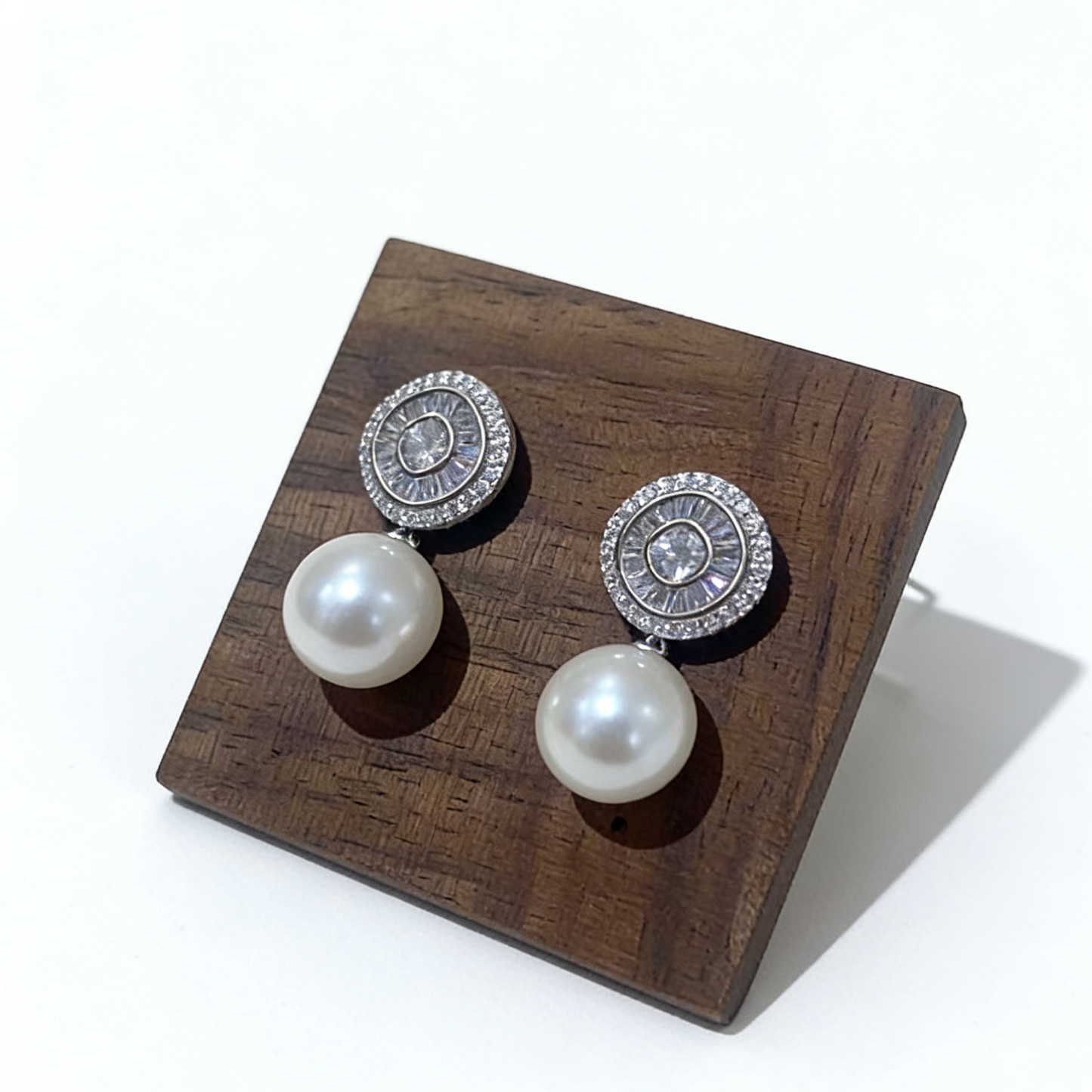 Vintage halo zircon pearl drop earrings detail view